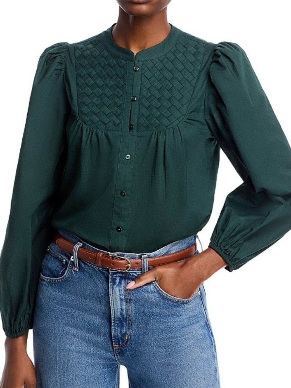 Cupio Women's Size L Lattice Woven Bib Long Sleeve Green Gables Blouse Shirt NEW